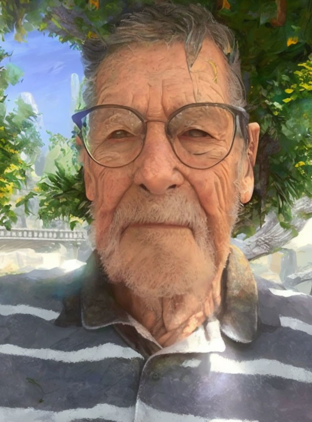 Elderly Man Smiling in Striped Shirt with Glasses