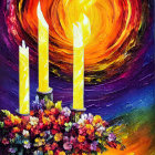 Vibrant Textured Background with Three Lit Yellow Candles