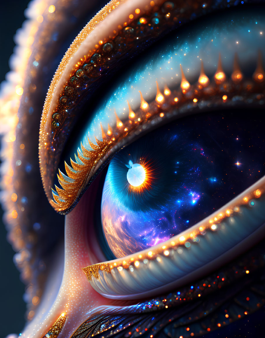 Detailed cosmic-themed digital artwork: eye with starry reflections, golden spikes, ornate lashes