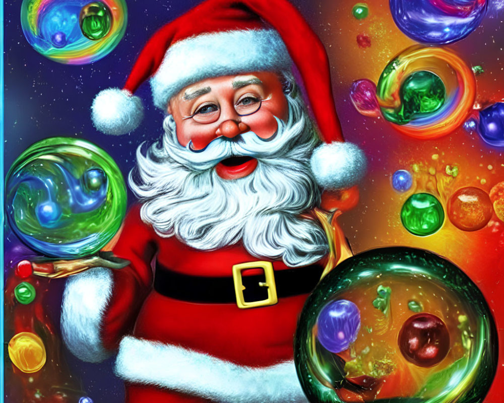 Vibrant Santa Claus illustration with floating soap bubbles