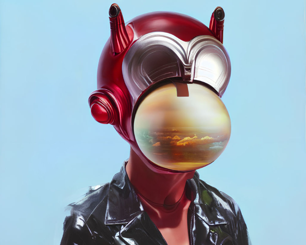 Futuristic person in red helmet with sunset reflection goggles on blue background