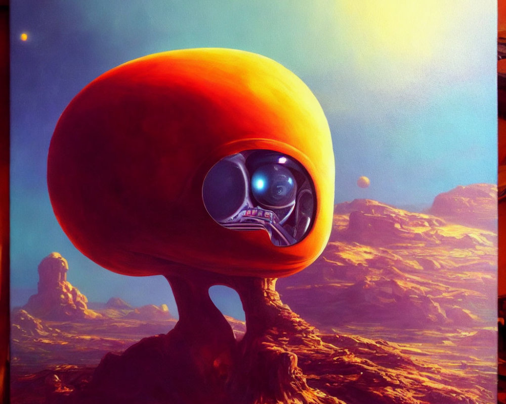 Surreal landscape with orange tree-like structure and large eyeball on Martian-like terrain