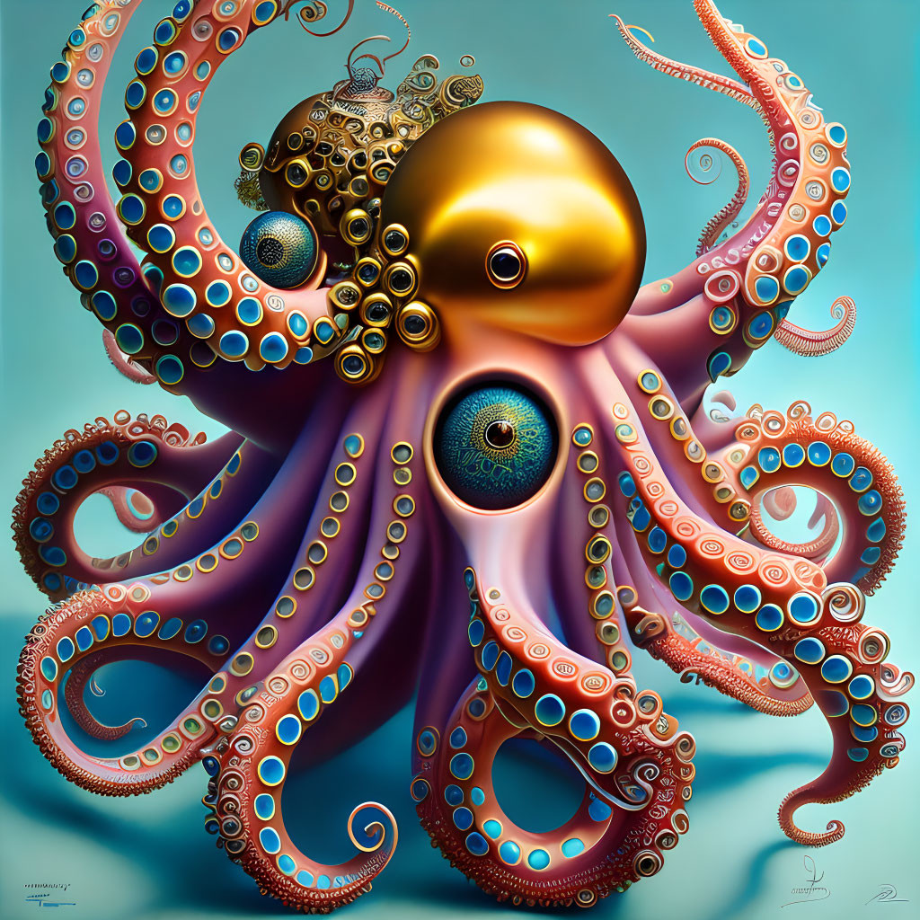 Surreal octopus with golden orb head and embellished tentacles