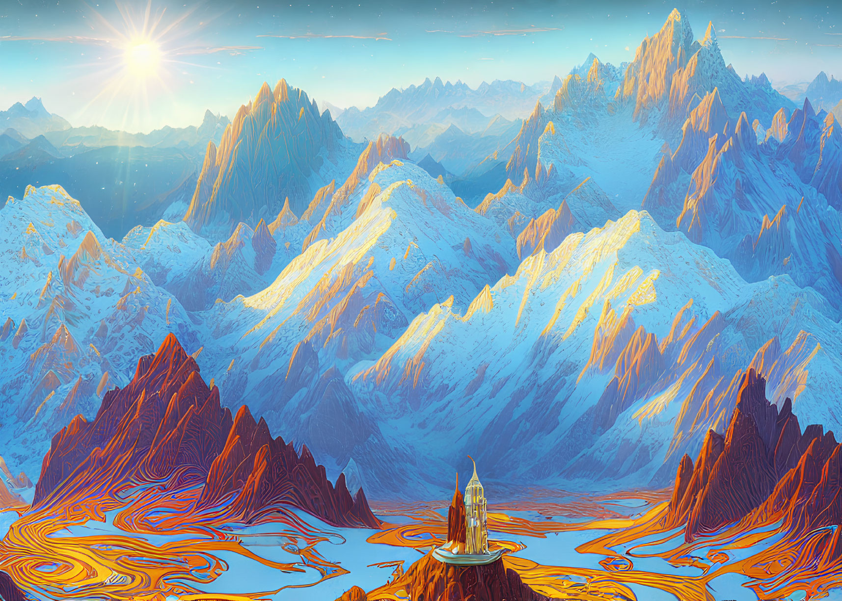 Fantasy Mountain Landscape with Glowing River and Solitary Tower