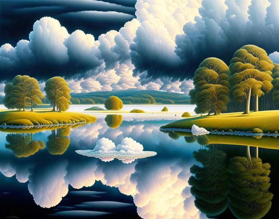 Surreal landscape with mirror-like lake, cumulus clouds, lush greenery, whimsical trees