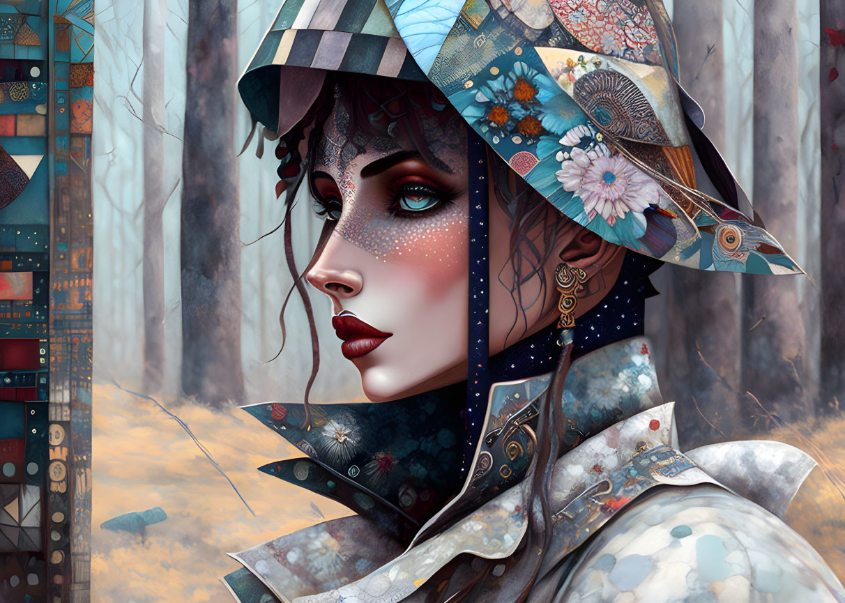 Geometric hat and floral patterns on woman portrait in forest.