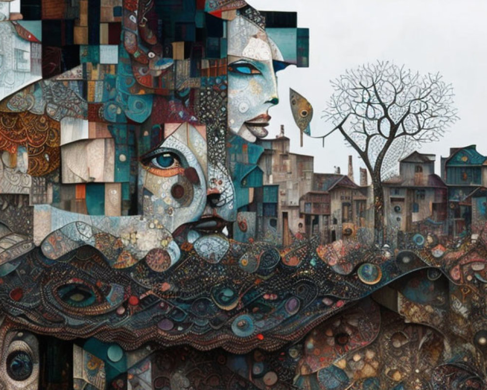 Intricate surreal collage artwork of face blending with townscape