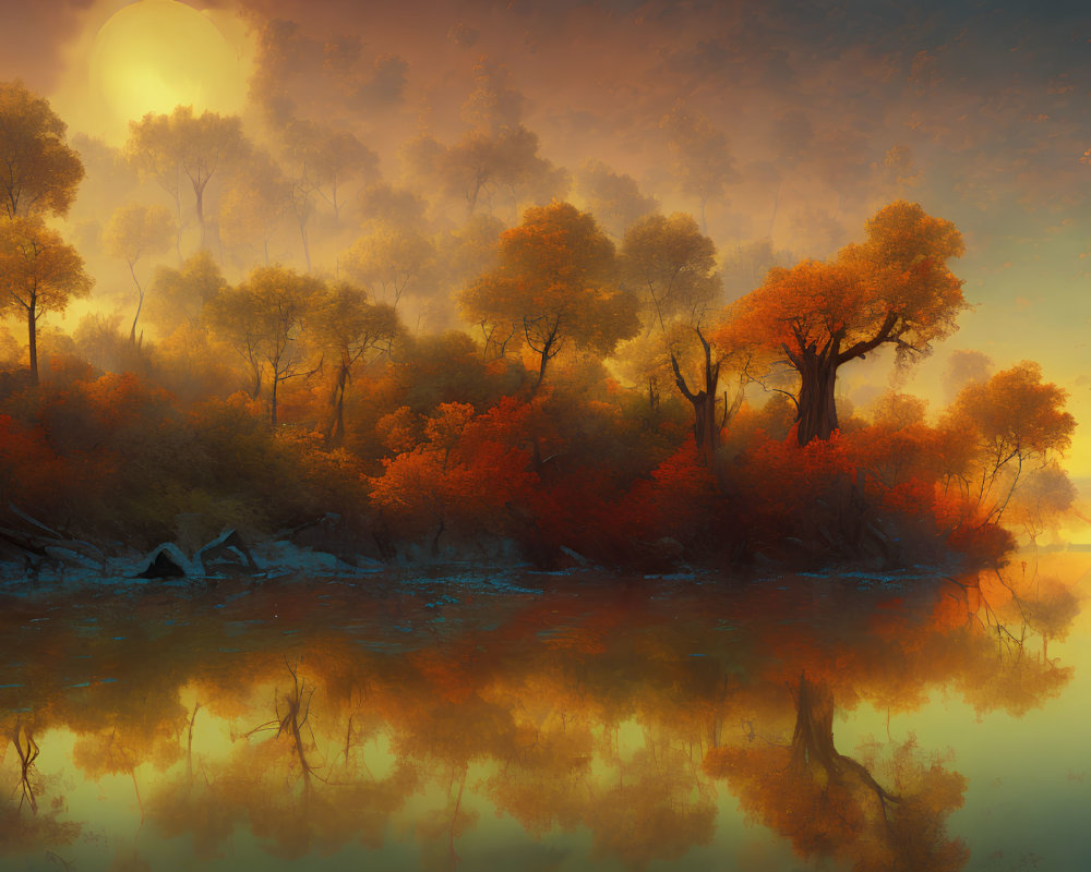 Tranquil landscape with glowing sunset and vibrant foliage
