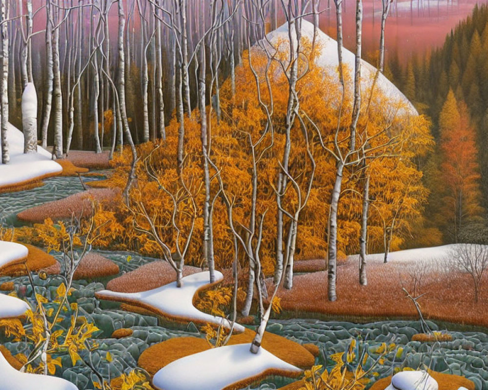 Colorful autumn forest with snow patches and bare trees