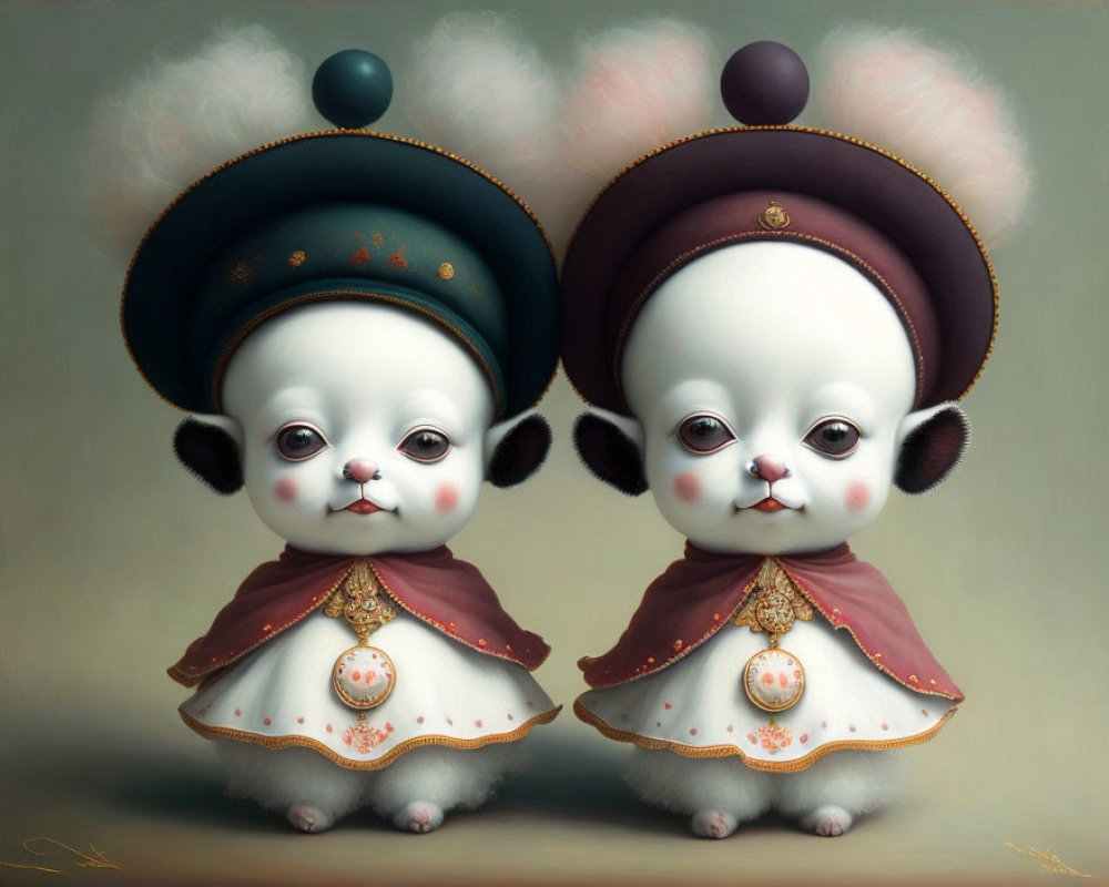 Whimsical characters in vintage puppy costumes with doll-like eyes