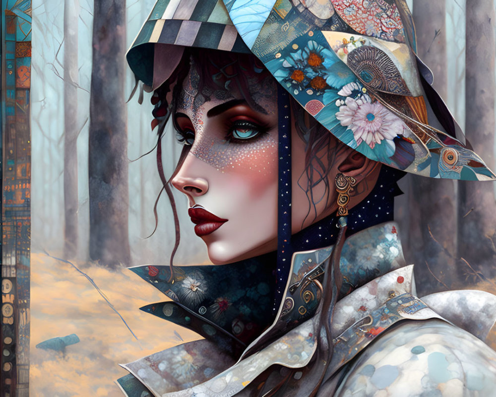Geometric hat and floral patterns on woman portrait in forest.