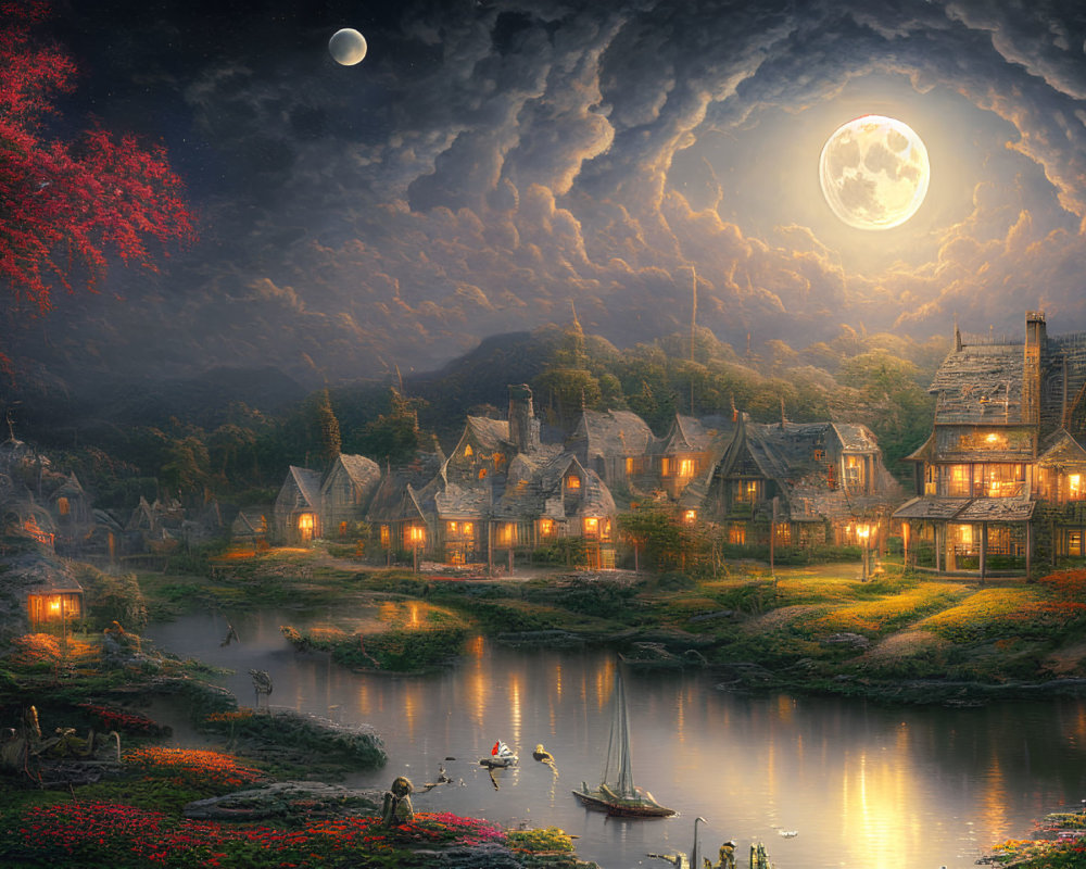 Fantasy village with thatched-roof houses, river, full moon, boats, and glowing red