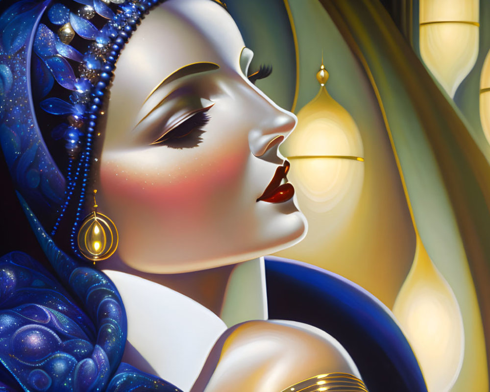 Woman with starry blue headscarf and gold earrings in ornate setting