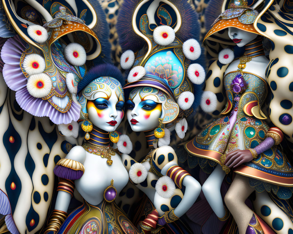 Ornate stylized figures in elaborate costumes with masks