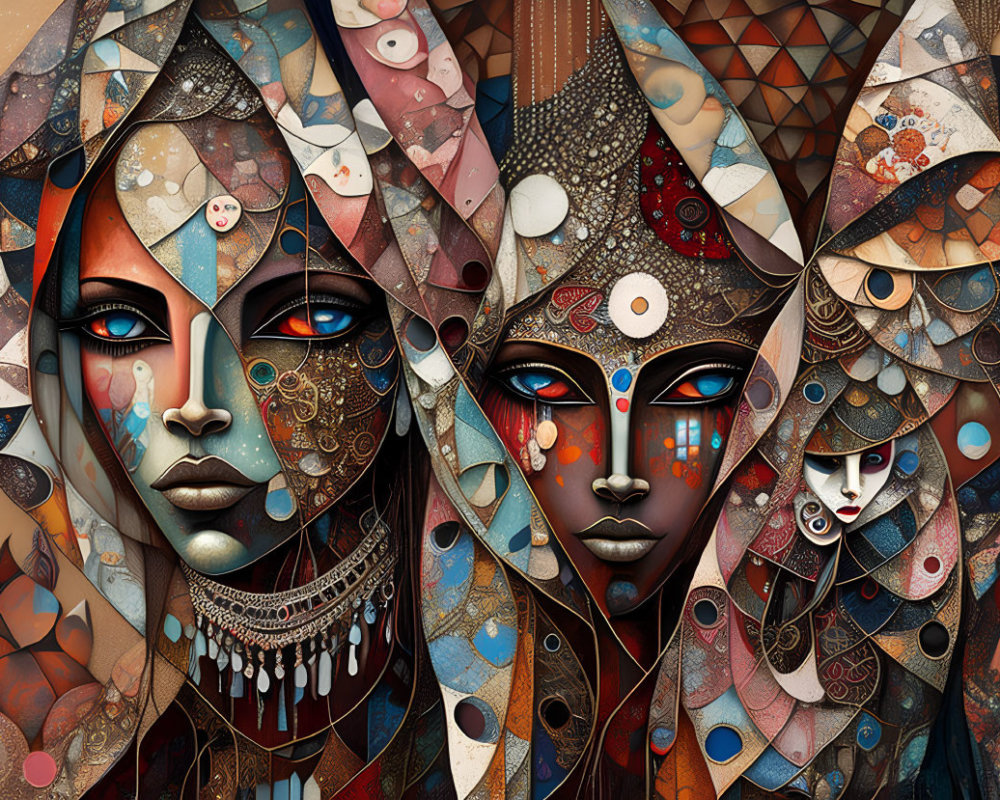 Abstract digital artwork: three stylized faces with intricate patterns in earth tones and geometric shapes