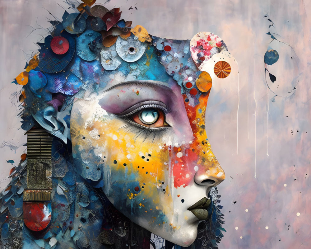 Colorful surreal portrait of a woman with mechanical and floral elements, gear textures, vibrant paint splashes