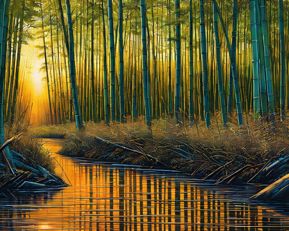 Tranquil bamboo forest at sunset with serene waterway