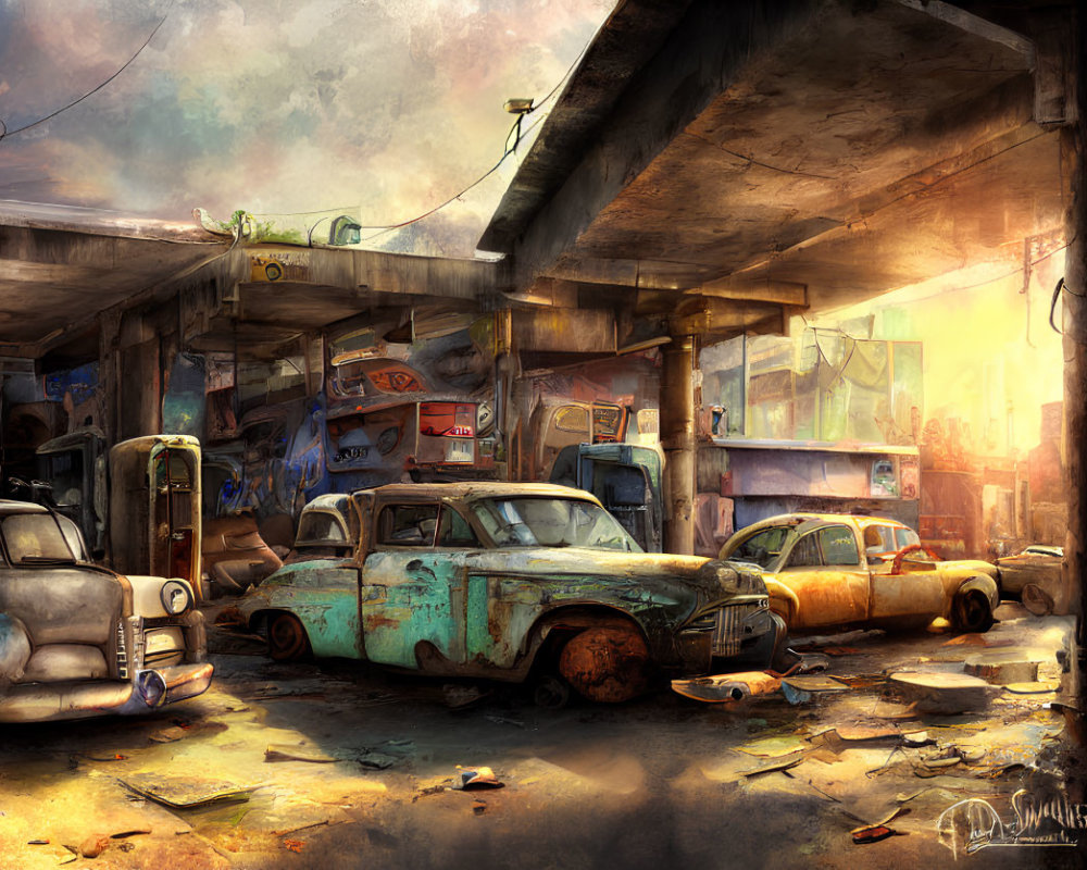 Abandoned urban scene with rusty cars under derelict overpass