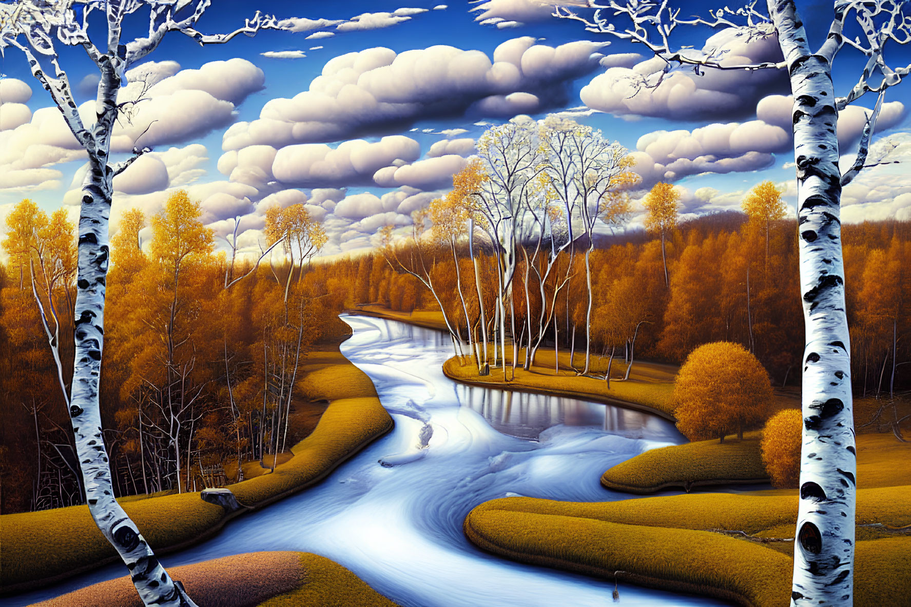 Colorful landscape painting of winding river and autumn trees under fluffy clouds