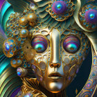 Vibrant digital art: Woman with metallic adornments and floral designs.