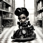 Monochrome animated gothic doll on mechanical contraption in checkerboard room