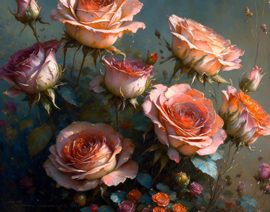 Oil Painting: Blooming Pink and Orange Roses on Dark Background