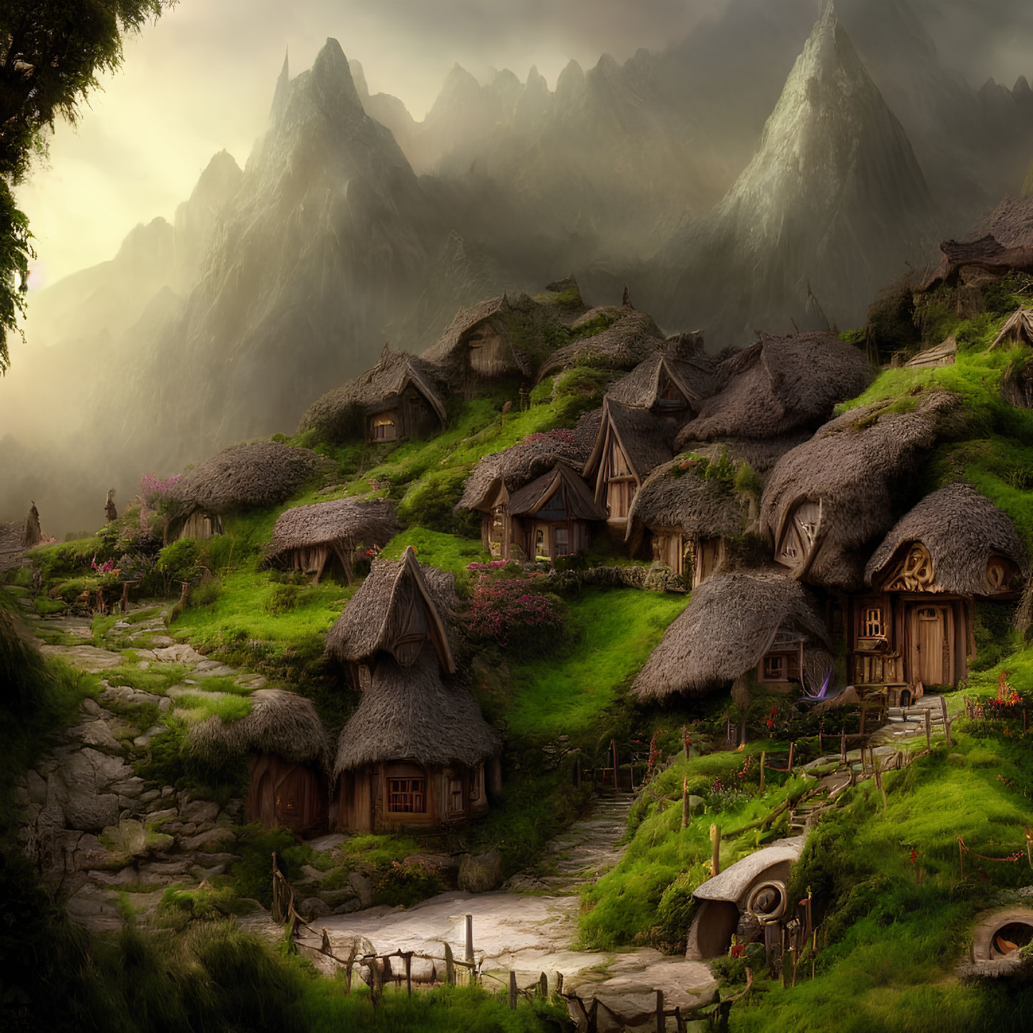 Tranquil fantasy village with thatched-roof cottages nestled among lush green hills