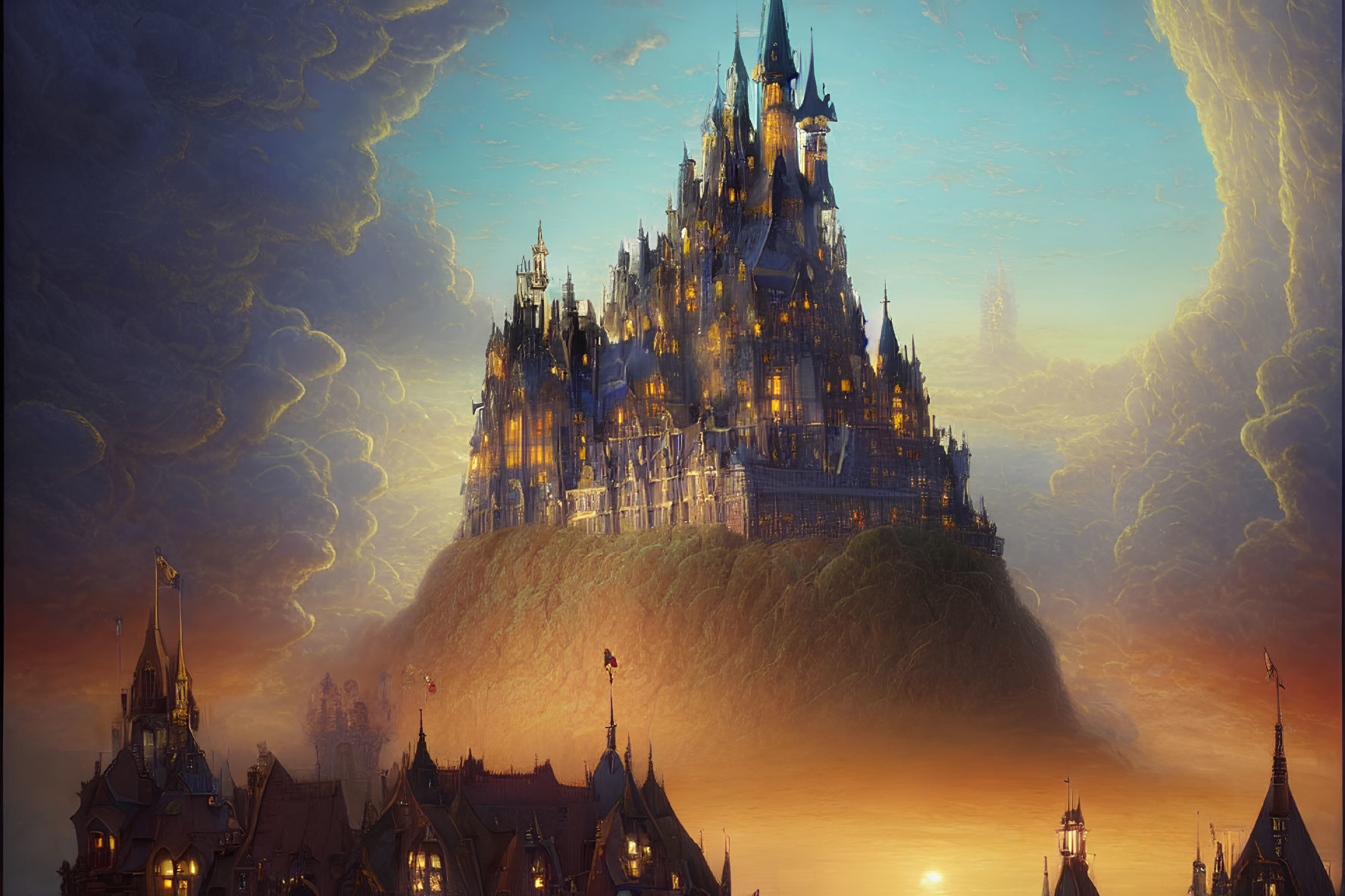 Majestic fantasy castle on cliff with spires under orange sunset sky