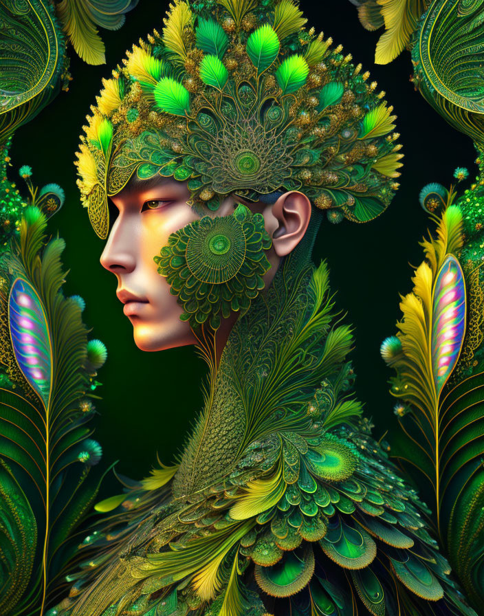 Digital Artwork: Person with Elaborate Peacock Feather Patterns in Vibrant Greens and Golds