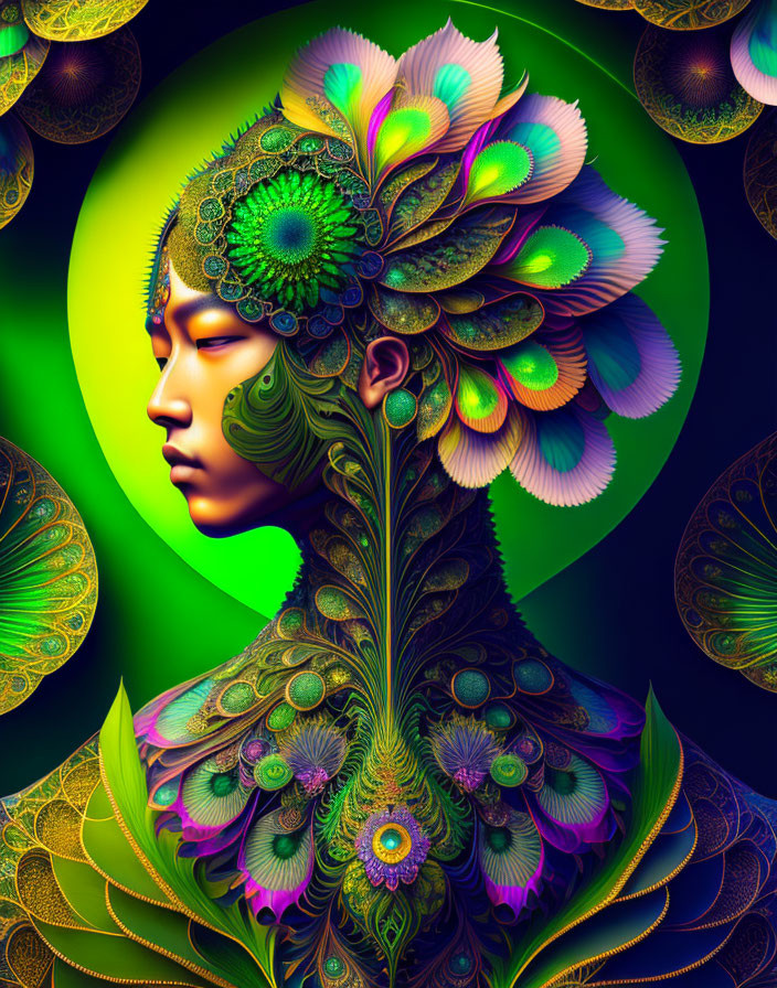 Colorful artwork featuring person with peacock feather motifs and glowing orbs on dark background