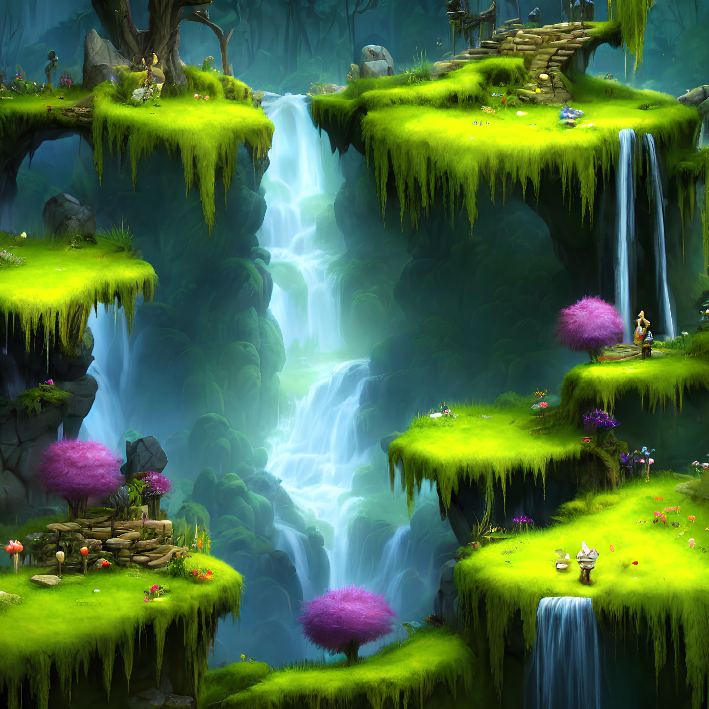 Fantasy landscape with waterfalls, floating islands, pink foliage, mushrooms, bridges