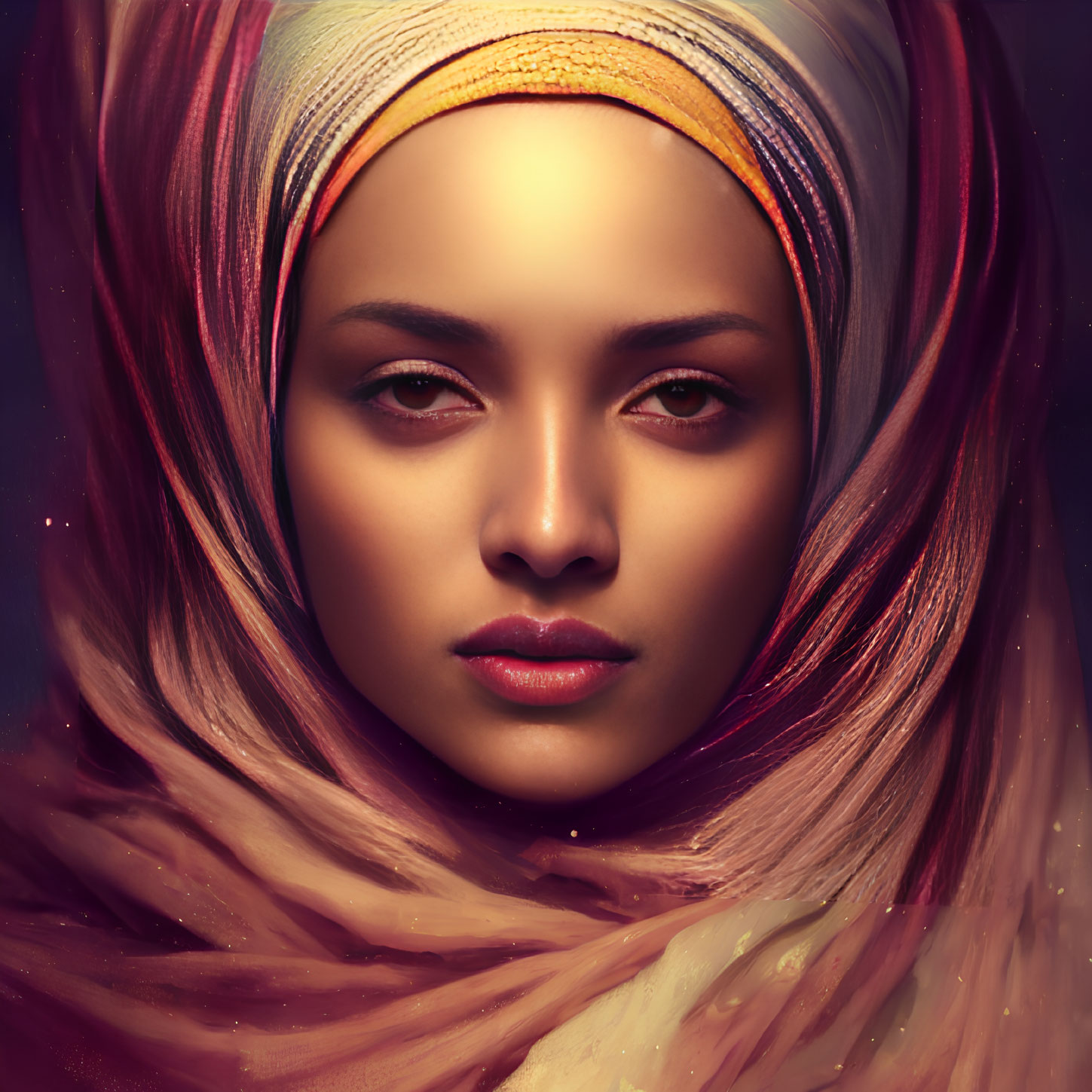 Colorful headscarf woman digital artwork with warm hues and soft lighting