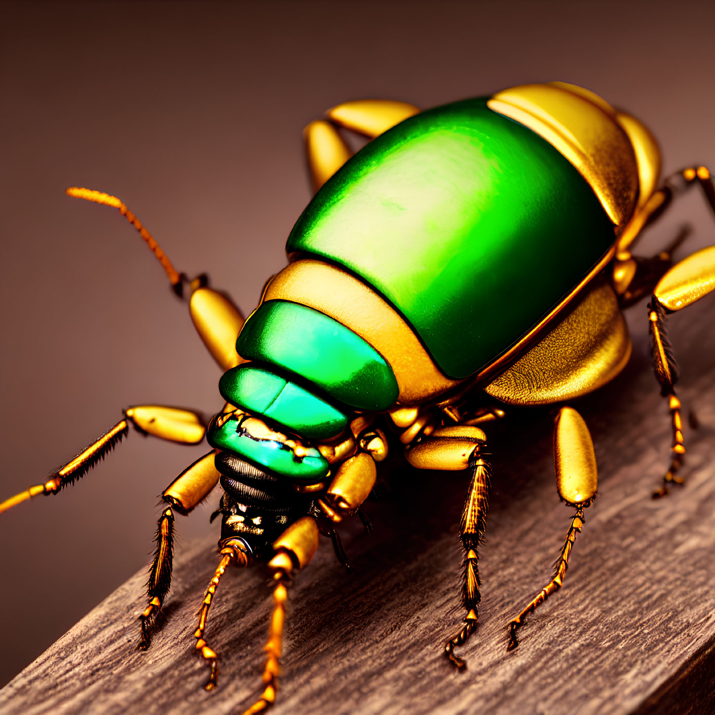 Detailed Close-Up of Vibrant Green Beetle on Wooden Surface