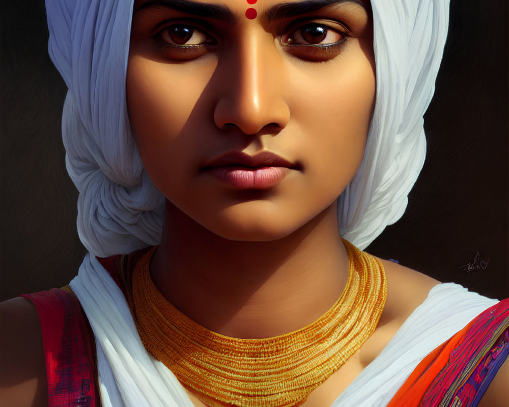Detailed Painting of Woman with White Headscarf, Bindi, Intense Gaze, Gold Necklace