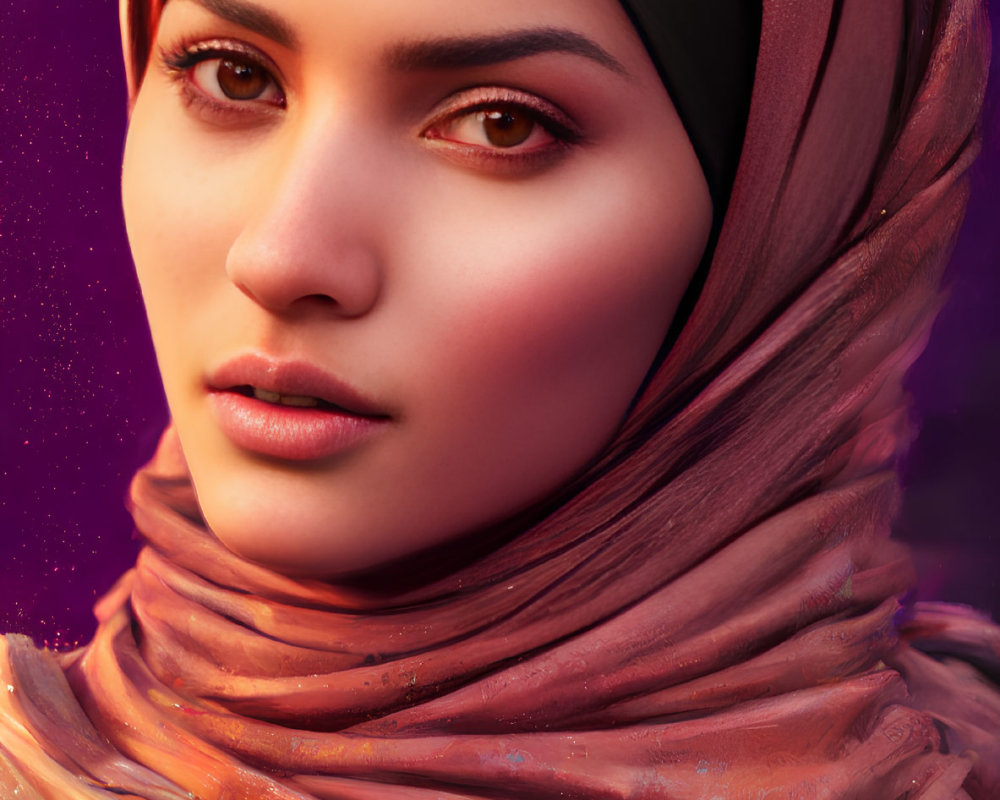 Detailed portrait of woman with headscarf and intense gaze on purple background