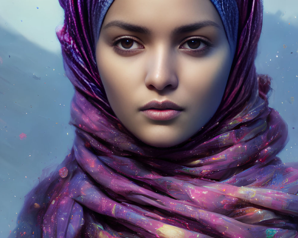 Digital portrait of woman with cosmic headscarf on blue background