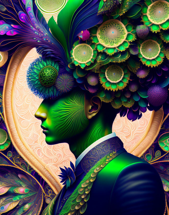Colorful profile view digital artwork with elaborate psychedelic feather and floral headdress in greens, purples