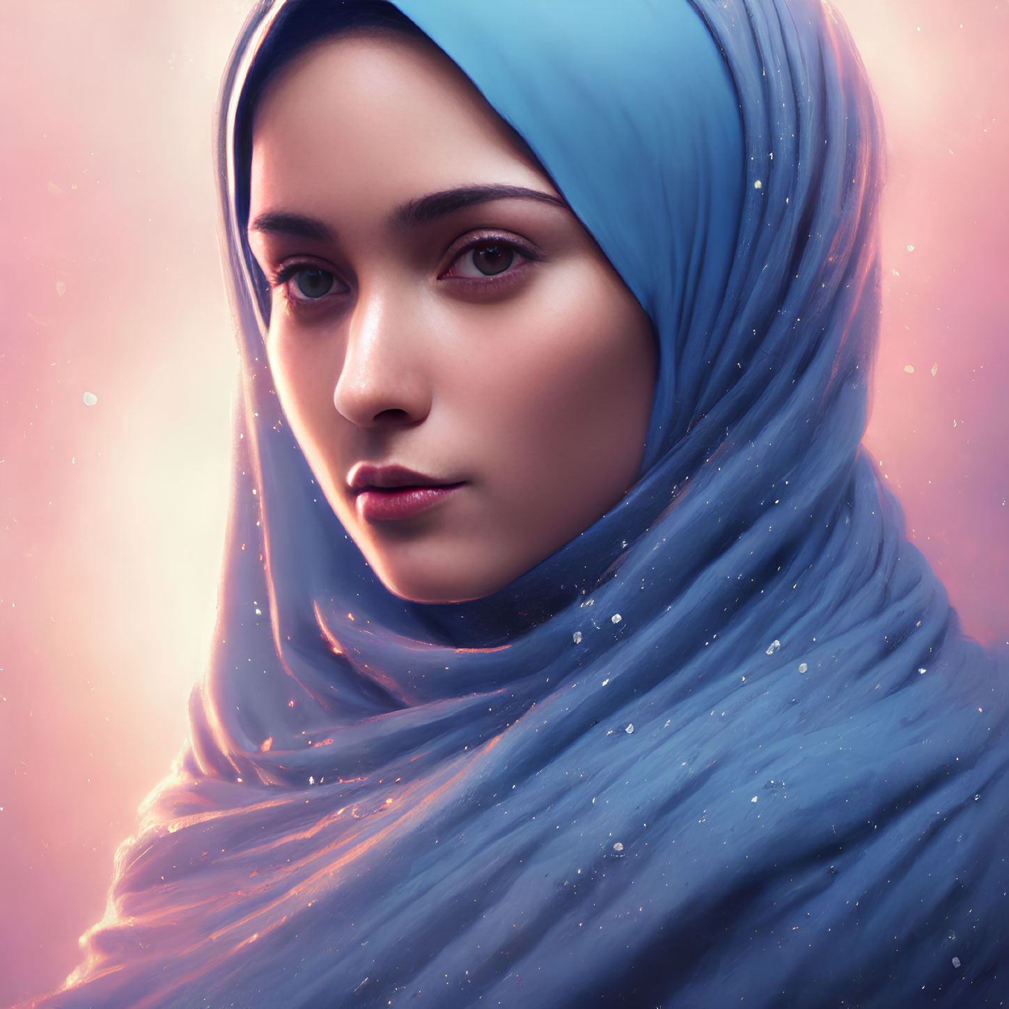 Digital portrait of woman in blue headscarf on pink background