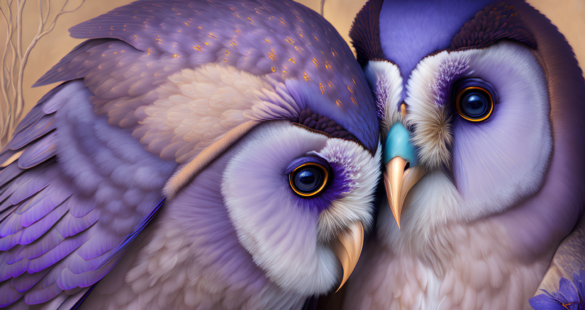 Vibrantly colored illustrated owls with detailed feathers in purple and brown hues