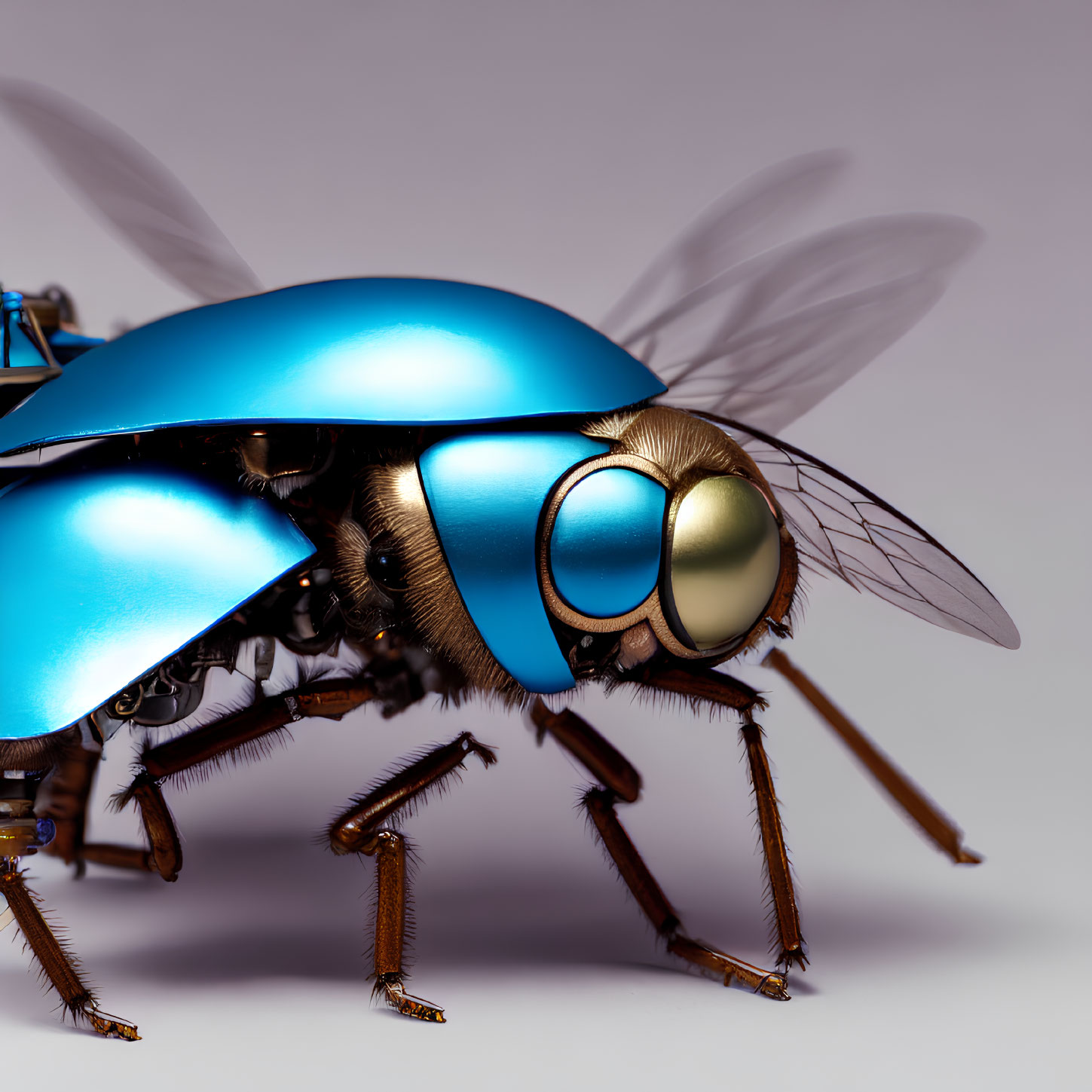 Detailed Close-Up of Shiny Blue Robotic Bee with Translucent Wings