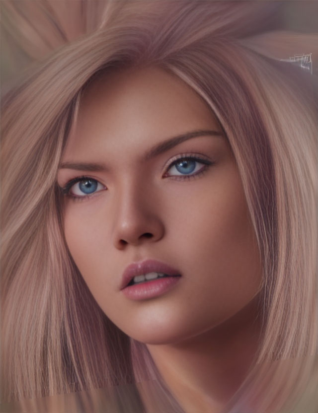 Portrait of a woman with blue eyes, full lips, and pinkish-blonde hair.
