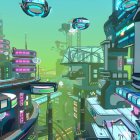 Futuristic cityscape with skyscrapers, flying vehicles, and robots.