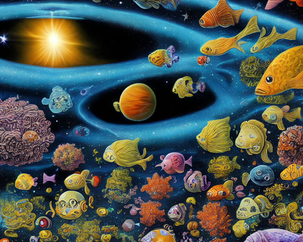 Marine Fish Swimming in Whimsical Space Scene