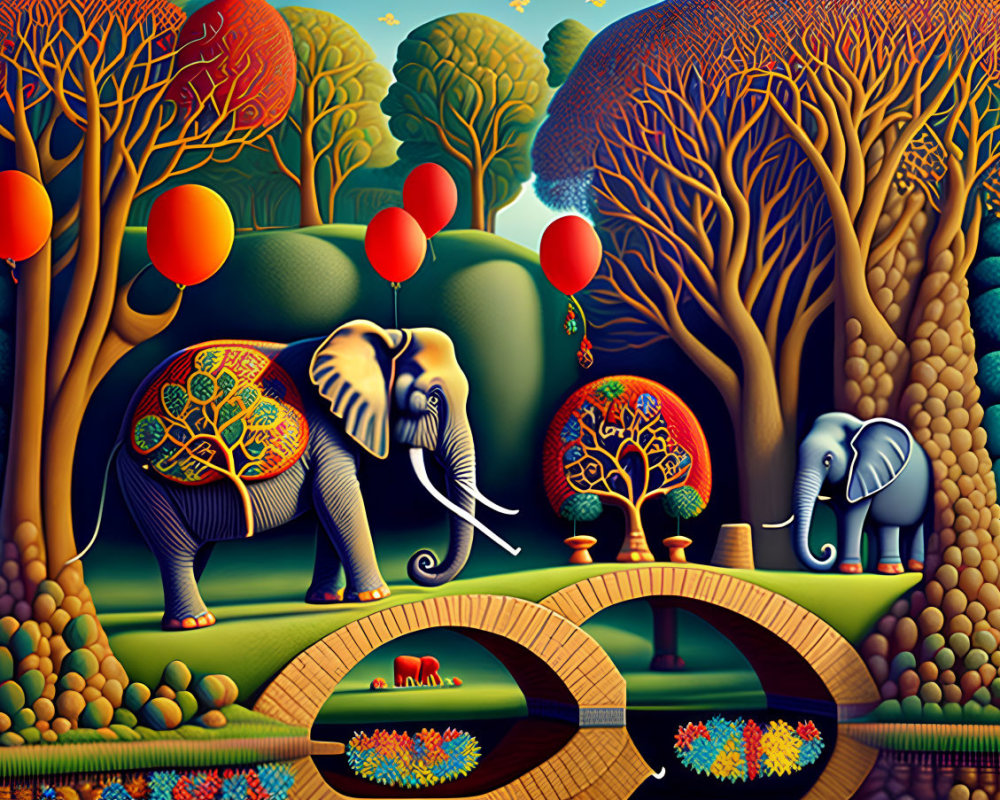 Colorful Stylized Artwork: Two Decorated Elephants in Vibrant Nature Scene