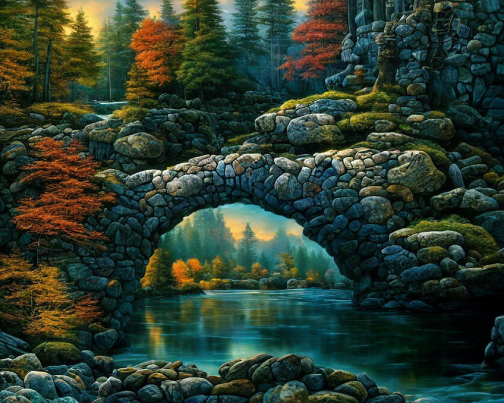 Stone bridge over serene river in autumn forest with misty background