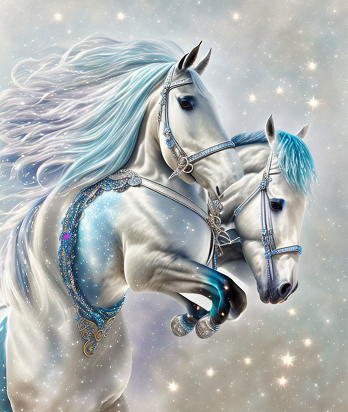 Fantasy illustration of two white horses with blue manes and silver bridles against starry backdrop