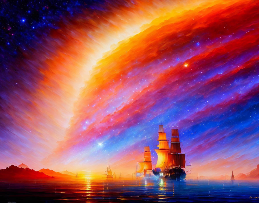 Vibrant cosmic ocean scene with ships and dazzling nebula reflection