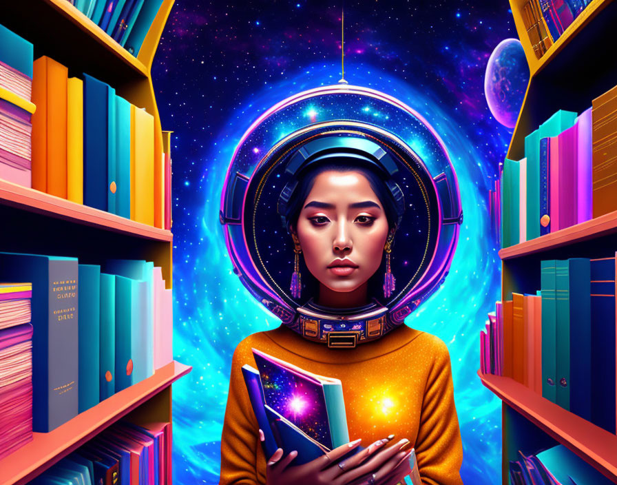 Person in Spacesuit Helmet Surrounded by Vibrant Bookshelves Holding Cosmic Book