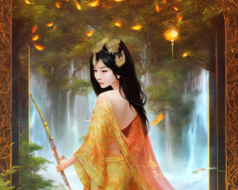 Ethereal woman in Asian garb by waterfall with golden leaves