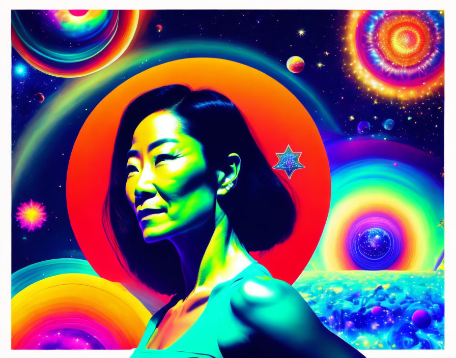 Woman's profile on vibrant psychedelic space background